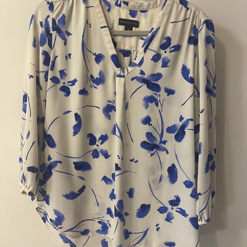 Work blouse, Adrienne Vittadini, off white with blue flowers, size M